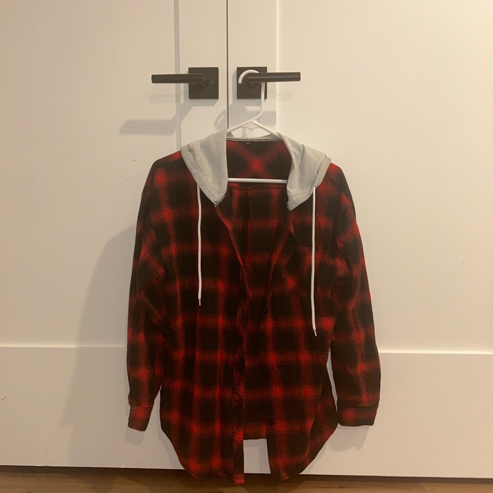 Red and Black Plaid Hoodie Shirt
